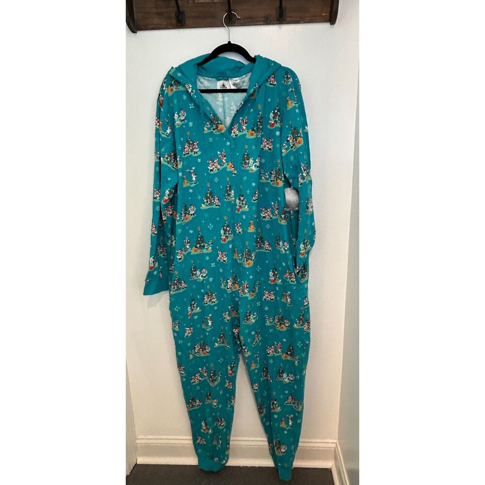Disney Parks Christmas Onesie Pajamas NWT Teal Mickey Minnie Unisex Hooded XXL